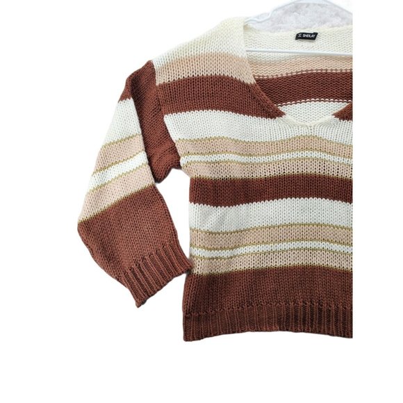 SHEILAY Sweater Women's L/S Striped Shaker Knit V-Neck Pullover Brown Large - Picture 3 of 6